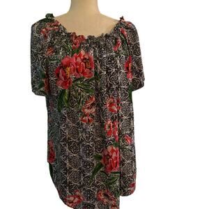 Talbots Floral Boho Peasant Tunic Top, Quatrefoil Short Sleeve, Plus Size 1X